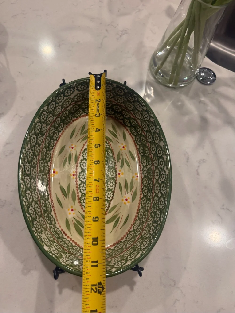 Hand-Painted Green Ceramic Serving Bowl with Wire Basket